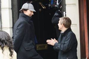 Benedict Cumberbatch and Martin Freeman on the set of season 5 of Sherlock
