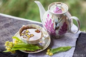 Cup of linden tea and teapot