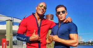 Dwayne Johnson and Zac Efron on the set of the movie &quot;Baywatch&quot;