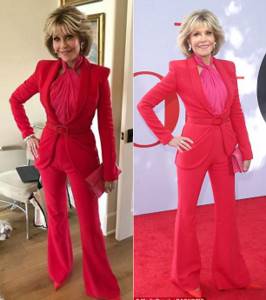 Fonda looked chic as always in her sophisticated slim suit, which she paired with heels