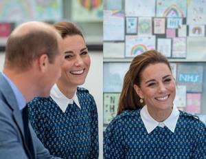 Kate Middleton in a blue dress and ponytail
