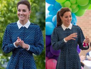 Kate Middleton in a blue midi dress with white collar and cuffs