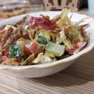 Chicken salad “Khrustik” with fried potatoes and vegetables - recipe with photo