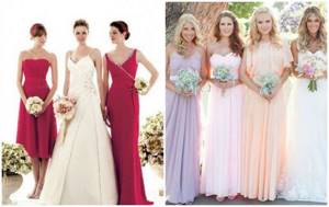 Red and pastel bridesmaid outfits