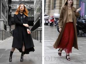 Look with a long black and beige coat