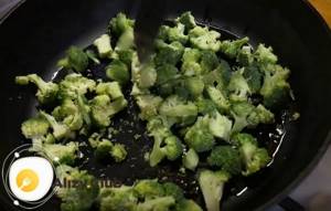 Fry the broccoli in a frying pan, adding a little salt.