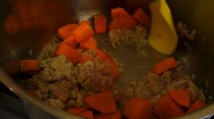 Frying minced meat and carrots