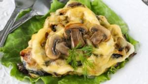 Pork chops with cheese, nuts, mushrooms and prunes