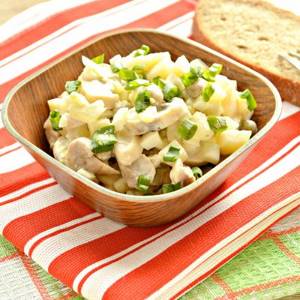 Simple potato salad with pickled champignons and peas - recipe with photo