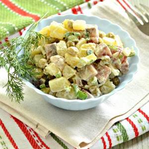 Fish salad with potatoes and green peas - recipe with photo