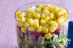 Salad with tongue, cucumber, radish and corn