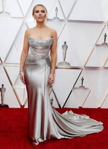 Scarlett Johansson in a silver dress at the 2020 Oscars