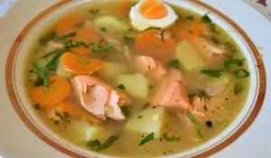 Delicious pink salmon soup prepared according to a simple recipe is ready
